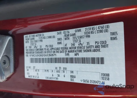 2016 Ford Escape Se from USA, damaged, VIN 1FMCU0G92GUC50571
